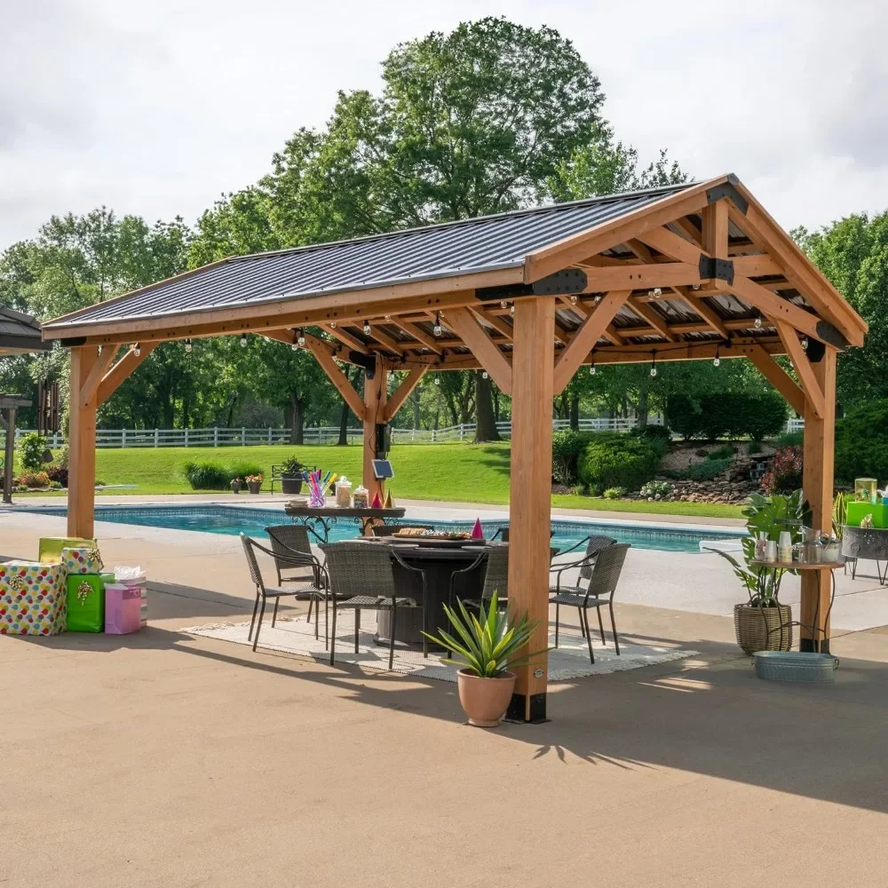 Cedar Wood Gazebo,Thermal Insulated Steel Roof, Durable,  Rot Resistant, Backyard, Deck, Garden, Patio Light Brown