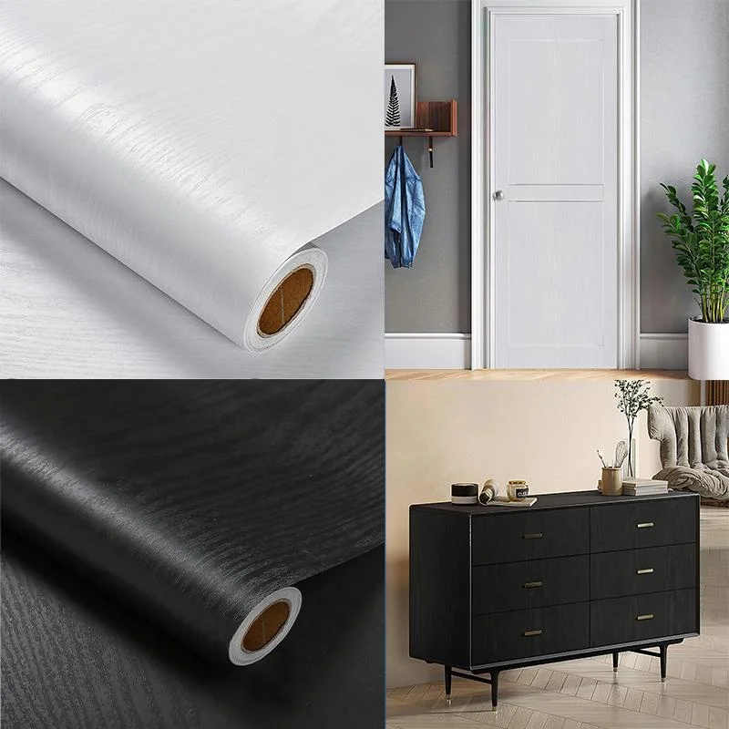 Wasserdichte selbstklebende PVC-Tapete mit schwarz-weißer Holzmaserung, geeignet für Kleiderschränke, Küchenmöbel und Wanddekoration.