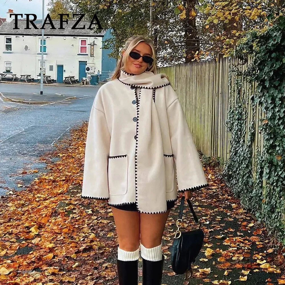 TRAFZA 2024 Women Autumn Winter Casual Zigzag Scarf Collar Jackets Fashion Loose Streetwear Elegant Demi-season Jacket For Women