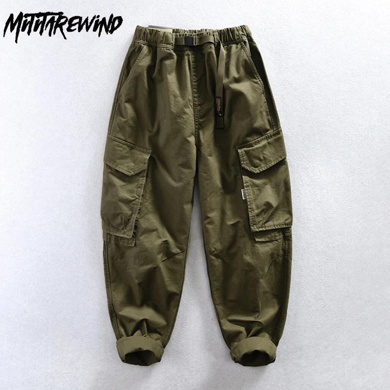 

Japanese Trend New in Pants Man Spring High Street Army Green Cargo Pants Outdoor Casual Big Pockets Elastic Waist Loose Pants