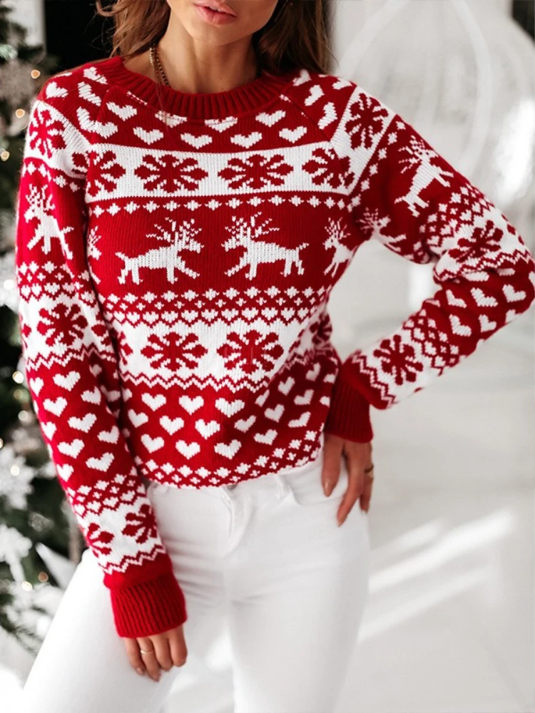 

Vintage Long Sleeve Christmas Sweaters 2025 Christmas Knit Top Women Knitwear Warm Soft Sweaters Print Casual Loose Pullover Top