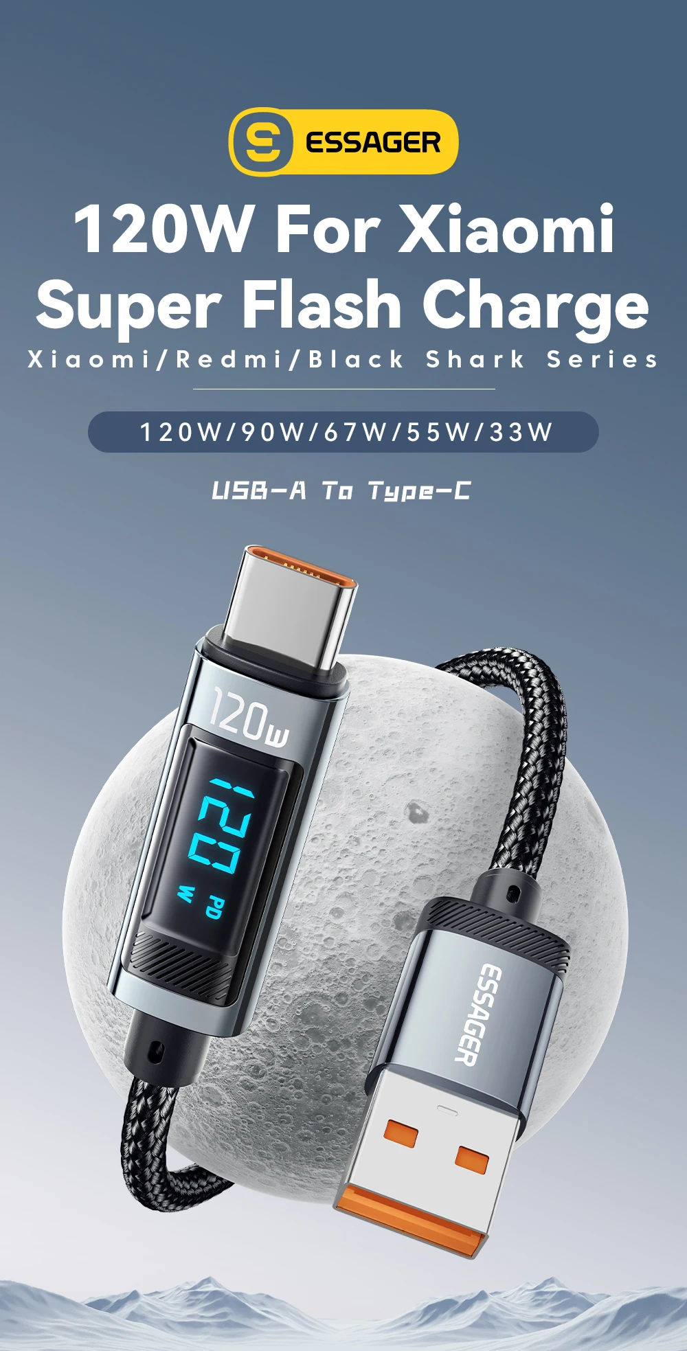 Essager 120W USB Typ C Kabel Schnellladekabel USB C Ladekabel für iPhone 15 14 13 12 Huawei mit LED-Digitalanzeige – Detail 1