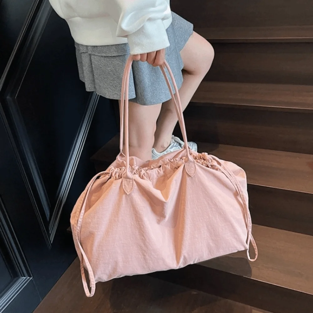 Solid Color Nylon Totes Bag Versatile Large Capacity Overlarge Drawsting Bag Light Weight Casual Women's Handbag Commutting