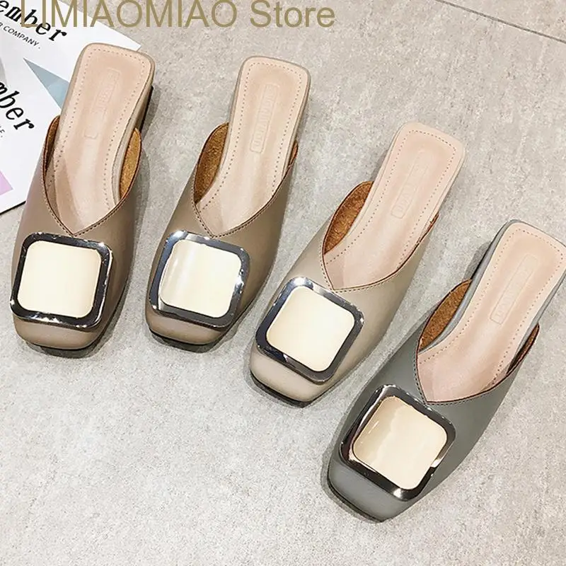 New Fashion Designer Women Slippers Slip on Mules Heel Casual Shoes British Buckle Slides Wooden Block Heels Summer Footwear