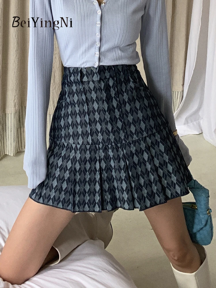 Beiyingni New Fashion Korean Plaid Mini Jeans Skirts Woman Lining Casual Vintage Slim Fit Y2K Pleated Short Denim Skirt Girls