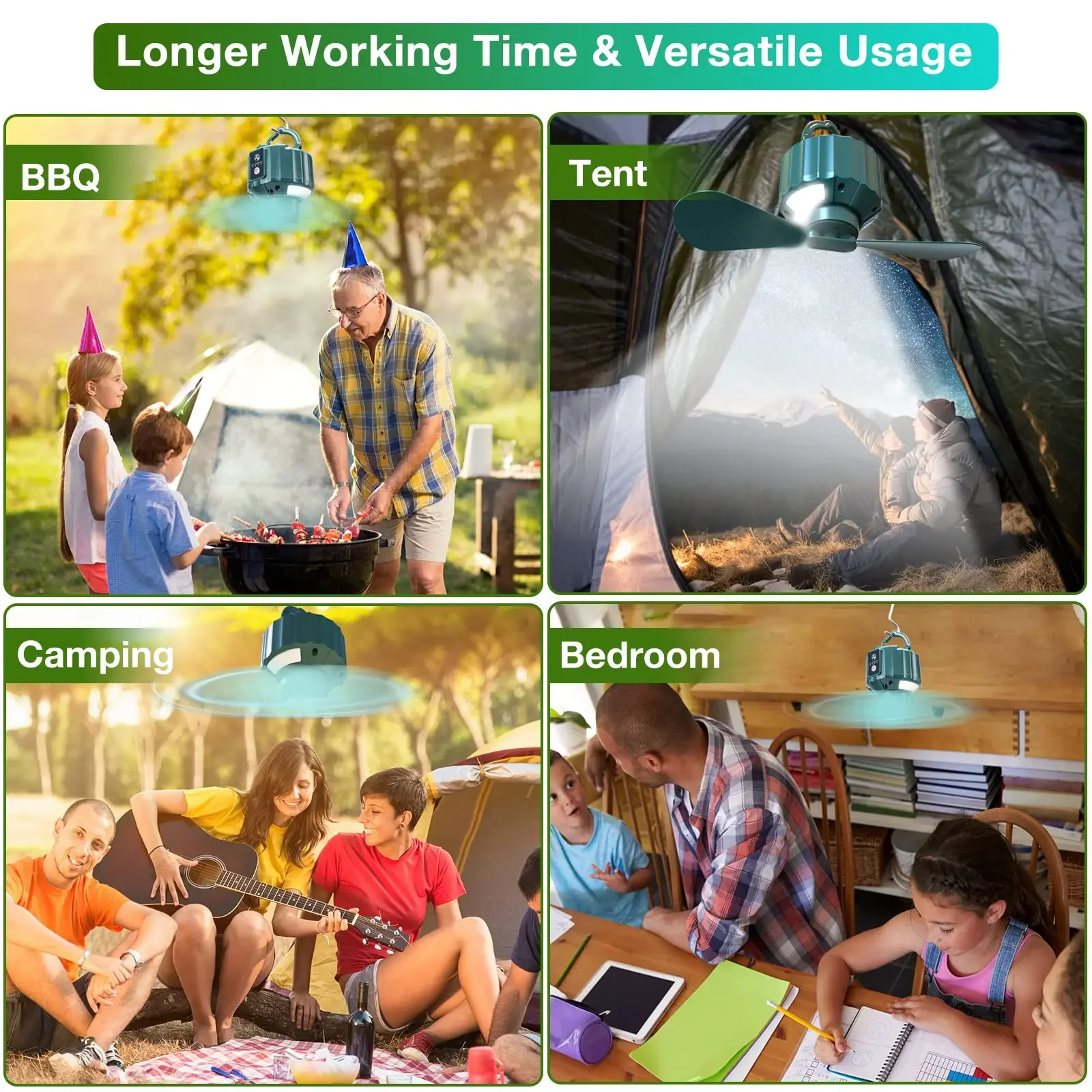 야외 캠핑 팬 휴대용 텐트 천장 팬 10400Mah USB 충전식 교수형 후크 LED 캠핑 랜턴 원격 제어