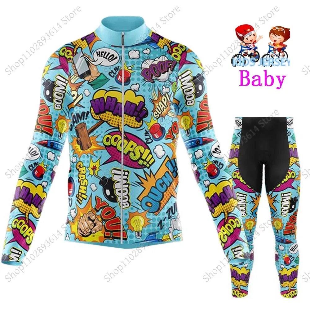 Kids Cartoon Explosive Comic 2025 Cycling Jersey Set Winter Long Sleeve Cycling Clothing Suit MTB Bike Road Pants Bib