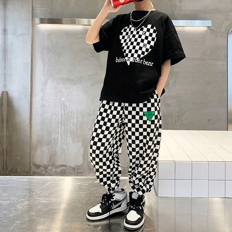 

2023 Boys Clothing Summer New Short Sleeve Round Neck Sports Trend Fashion Plaid Printed Simplicity Handsome Street Casual Sets