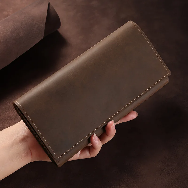 YETTIES Men's Best-Selling Tri-Fold Wallet, Large Capacity Vintage Crazy Horse Leather Long Billfold, Multi-Function Clutch