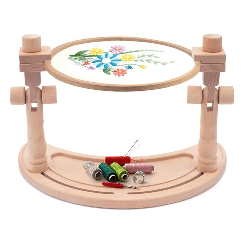 Adjustable Embroidery Stand, Rotated Stand Beech Wood Embroidery Hoop Holder For Arts Crafts Sewing Needlework