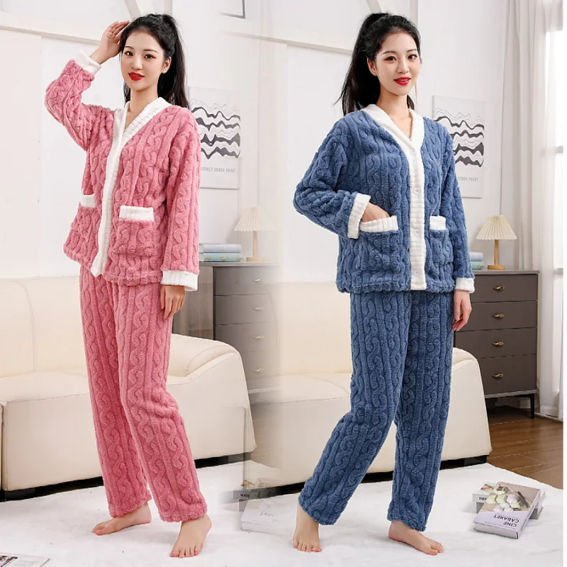 New Coral Fleece Pajamas for Women, Autumn and Winter, Thickened Casual Home Wear, Cardigan, Sweet Loose Korean-Style Winter Set
