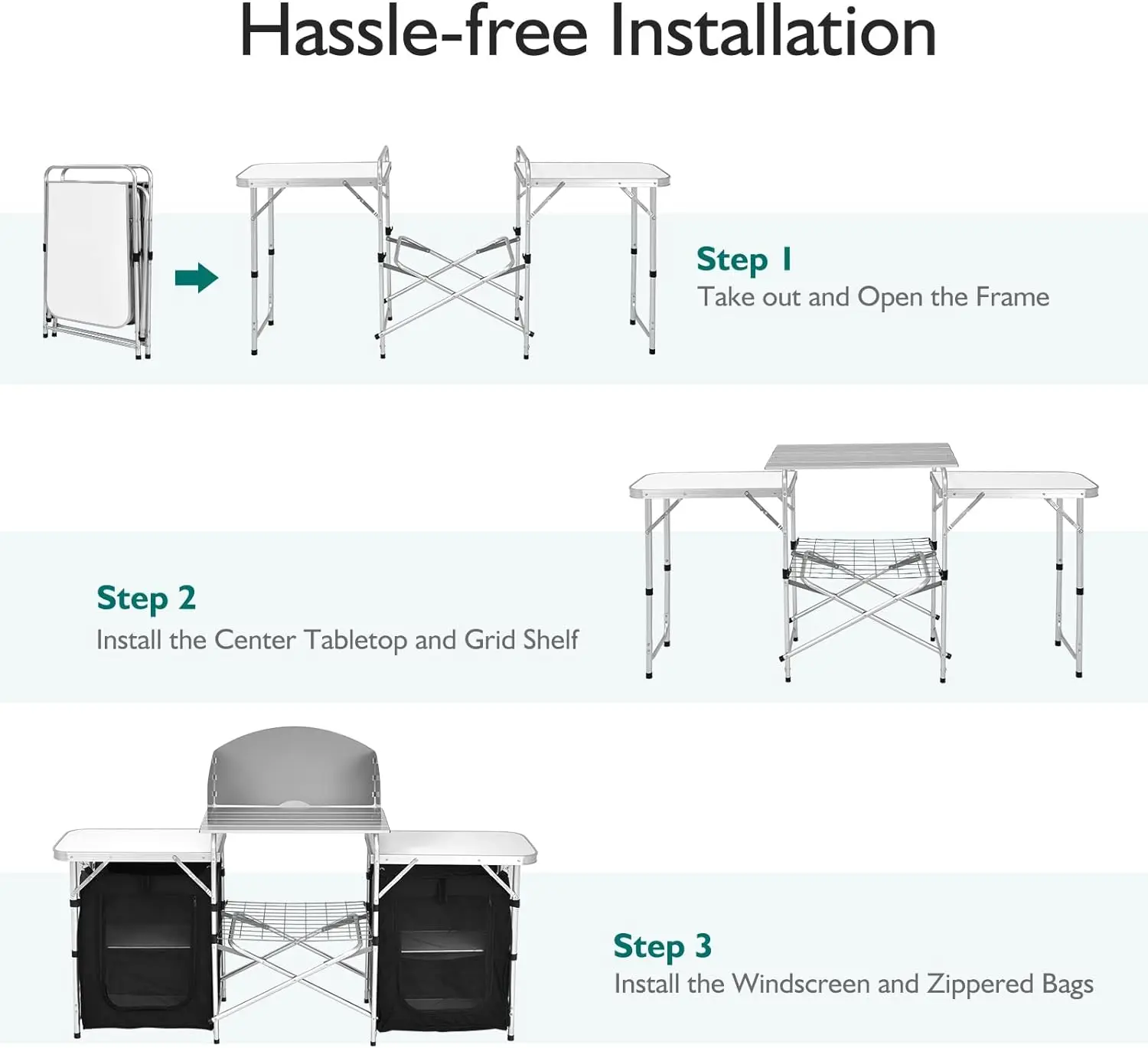 Folding Camping Kitchen Table with Storage, Aluminum Portable Outdoor Cooking Table with Windscreen, Foldable Camp Table Cook