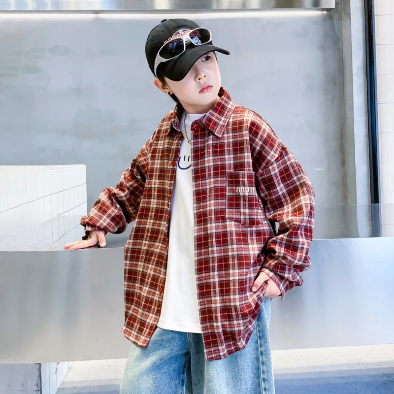 

2025 Boys Autumn Winter Korean Style Long Sleeve Plaid Red Shirt Children Kids Clothes Loose 6y-12y Tops Outfit Jacket Coat