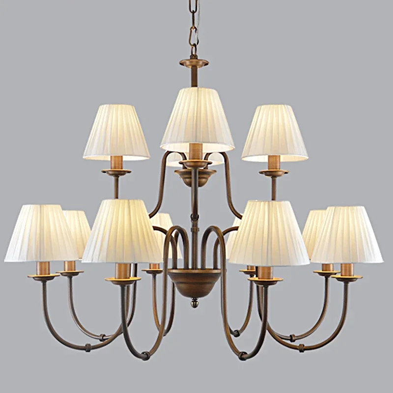 

European and American country chandelier classic wrought iron living room bedroom lamp dining room fabric lampshade chandelier