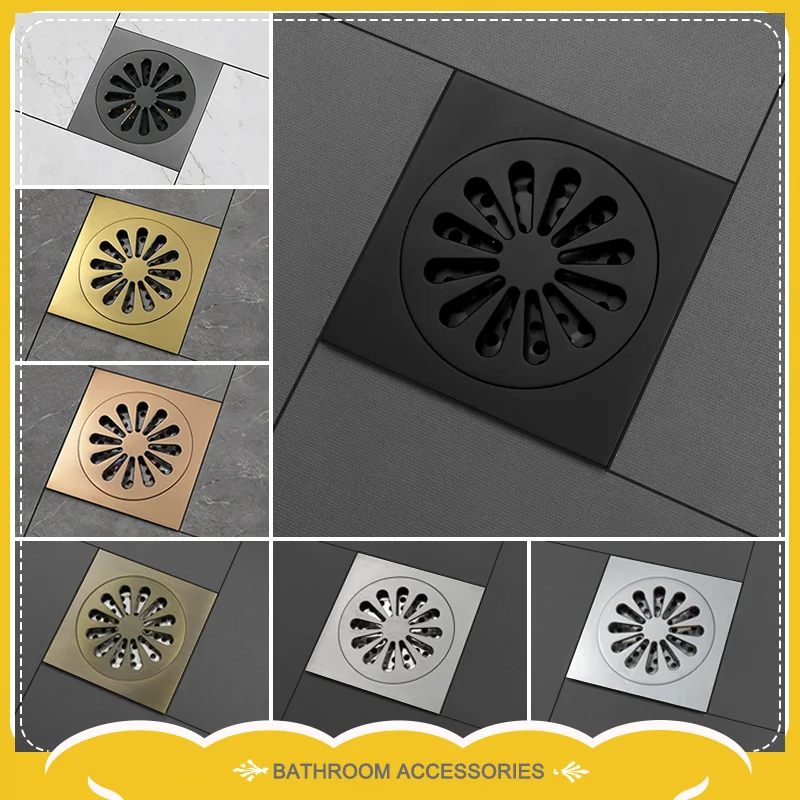 

Brass Black 10X10cm Square Bathroom Shower Floor Drain Household Sewer Pipe Invisible Water Filter Deodorant Floor Cover