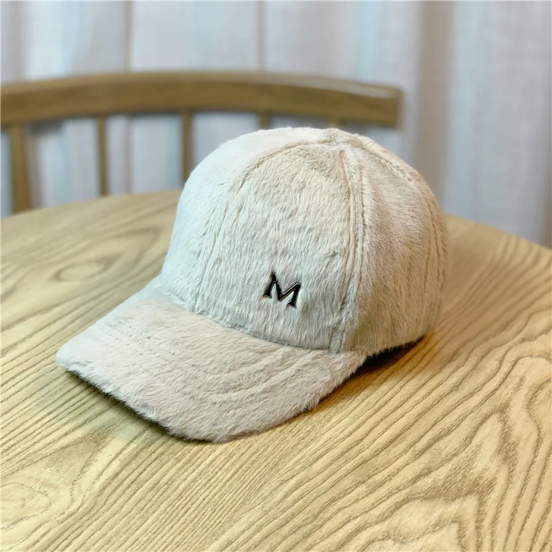 Winter Thickened Ladies Fur Hat Letter M Baseball Cap Retrro Caps Women Bone Gorras Curved Fitted Washed Vintage Dad Hats