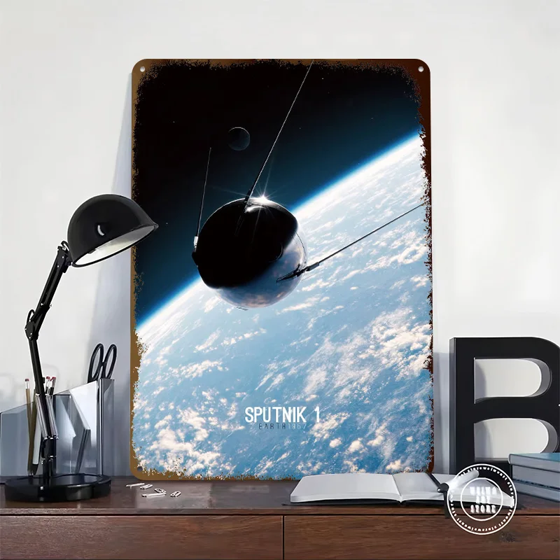 Sputnik 1 - Earth 1957 Tinplate Posters Customizable Wall Art Retro Vintage Metal Signs for Home Room Wand Deko Bar Accessories