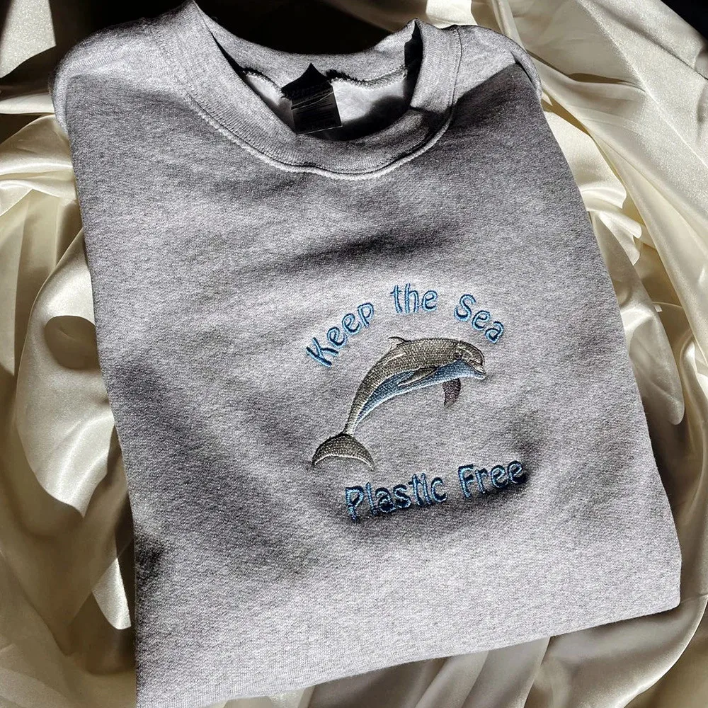 Keep The Sea Plastic Free Dolphin Embroidered Crewneck Gray Sweatshirts Unisex Men Women Loose Thick Fleece Warm Retro Pullover