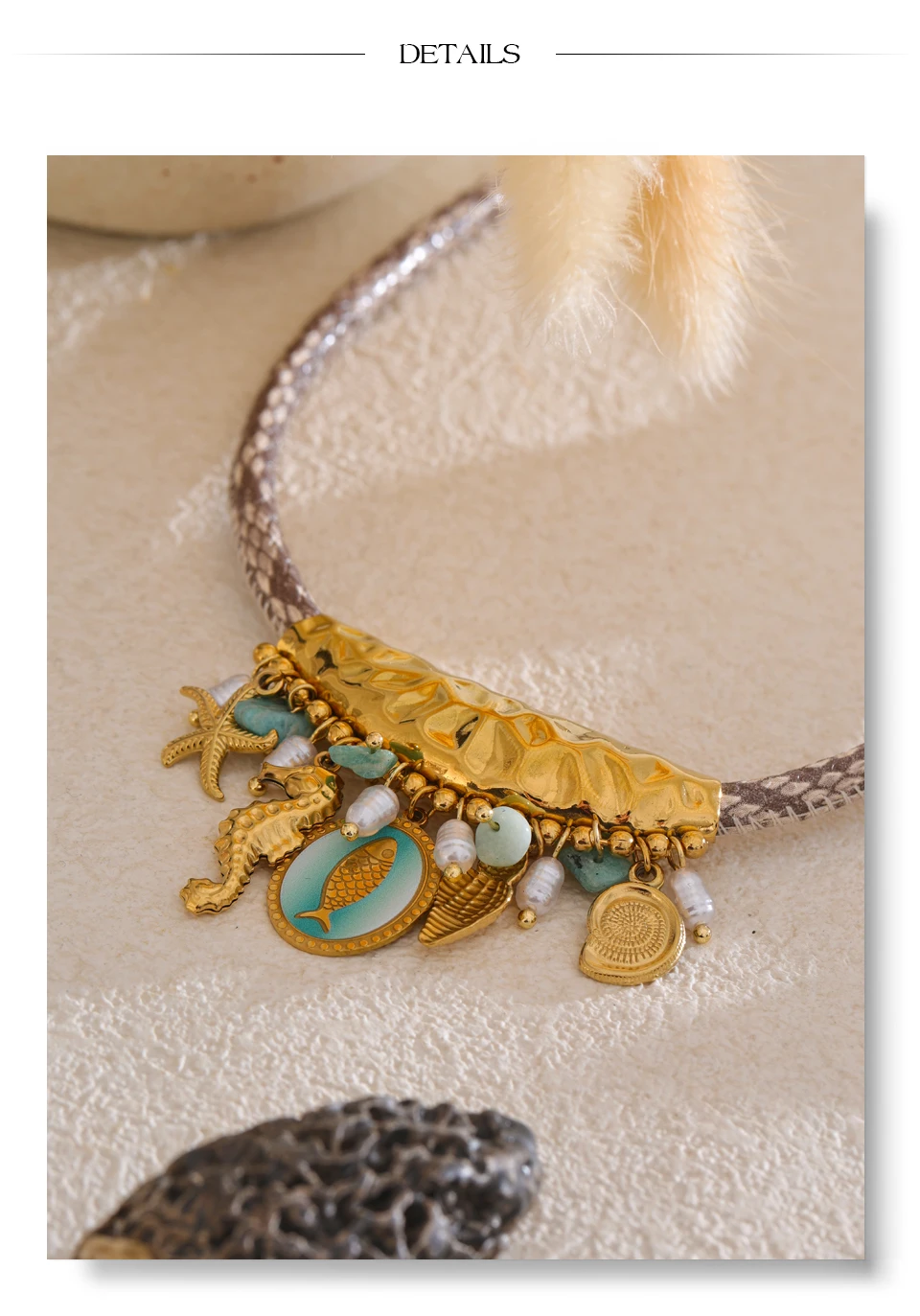 Yhpup Exklusives Design, handgefertigter Schmuck, Perlen im Ozean-Stil, Seestern, Muschel, Fischtropfen-Halskette, exquisiter Edelstahl-Schmuck – Detail 15
