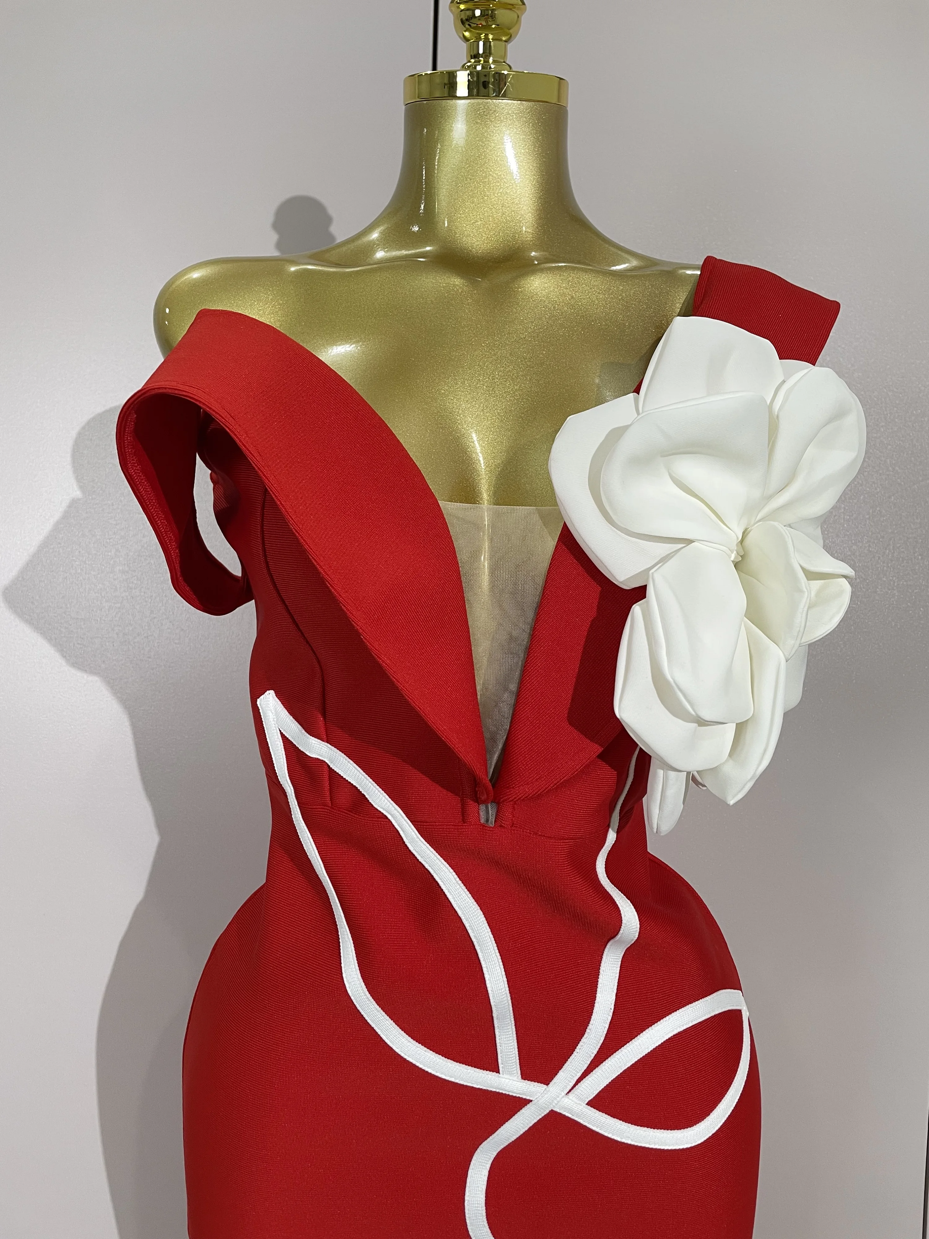 مثير قبالة الكتف زهرة بيضاء أسود أحمر Bodycon ضمادة فستان طويل المرأة الفاخرة المشاهير مساء نادي أنيقة رداء حفلات #5