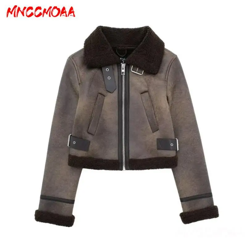 MNCCMOAA-Women\'s Vintage Thick Warm Double Sided Jacket Female Coat Casual Zipper Pockets Winter Outwear Top Ladies Fashion 2024