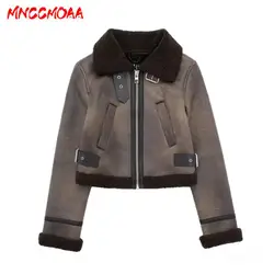 MNCCMOAA-Women's Vintage Thick Warm Double Sided Jacket Female Coat Casual Zipper Pockets Winter Outwear Top Ladies Fashion 2024