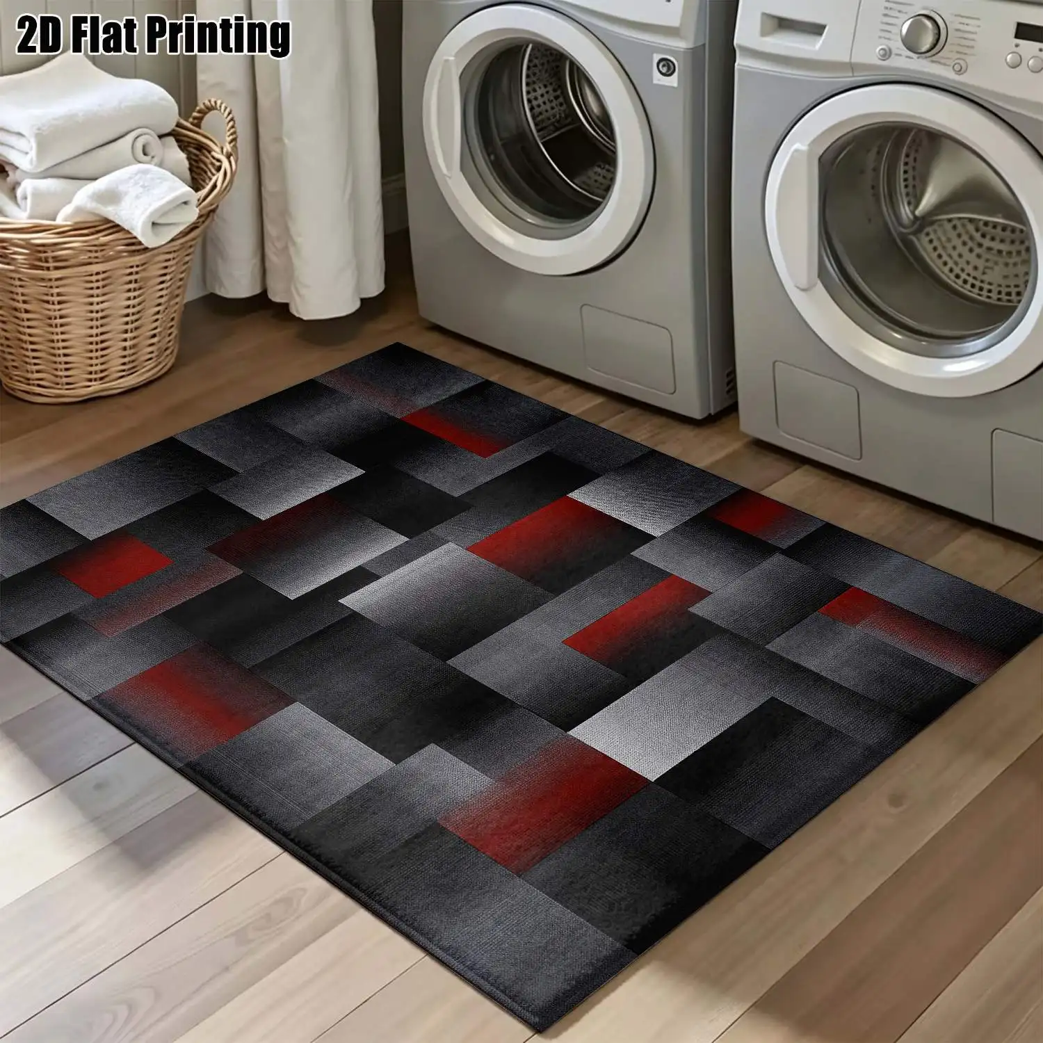 1Pc 2D Printed Red Black Geometric Square Pattern Carpet, Nordic/Instagram Style, Modern Simple Home Decor Rug, Machine Washable, Multi-Size, for Entrance, Dining Room, Bedroom, Living Room