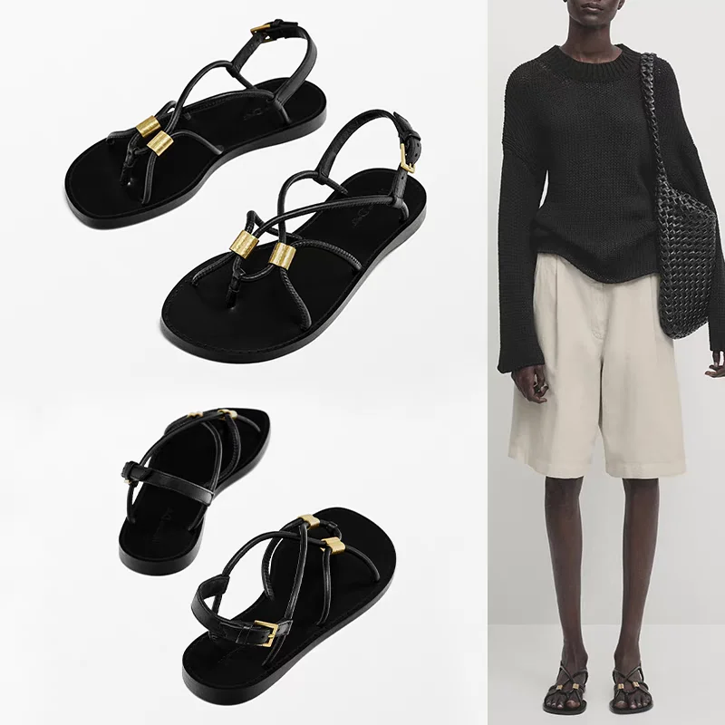 

Cowhide Flat Crochet Sandals For Women With Buckle Trap Cross Tied Daily Casual Versatile Comfortable Vacation Summer Beach Shoe