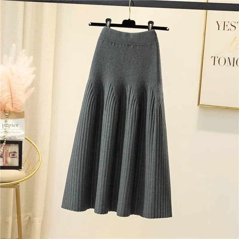 Skirts Women Autumn Chic A-line High Waist All-match Pleated Skirt Knitted Screw Thread Solid Colorful Fashion Elegant Casual BF