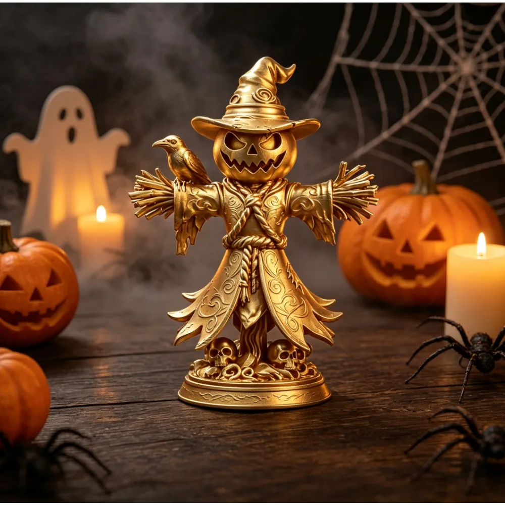 3D Printed Black Pumpkin Scarecrow Statue Spooky Gothic Halloween Desktop Figurine Ornament for Home and Office Decoration