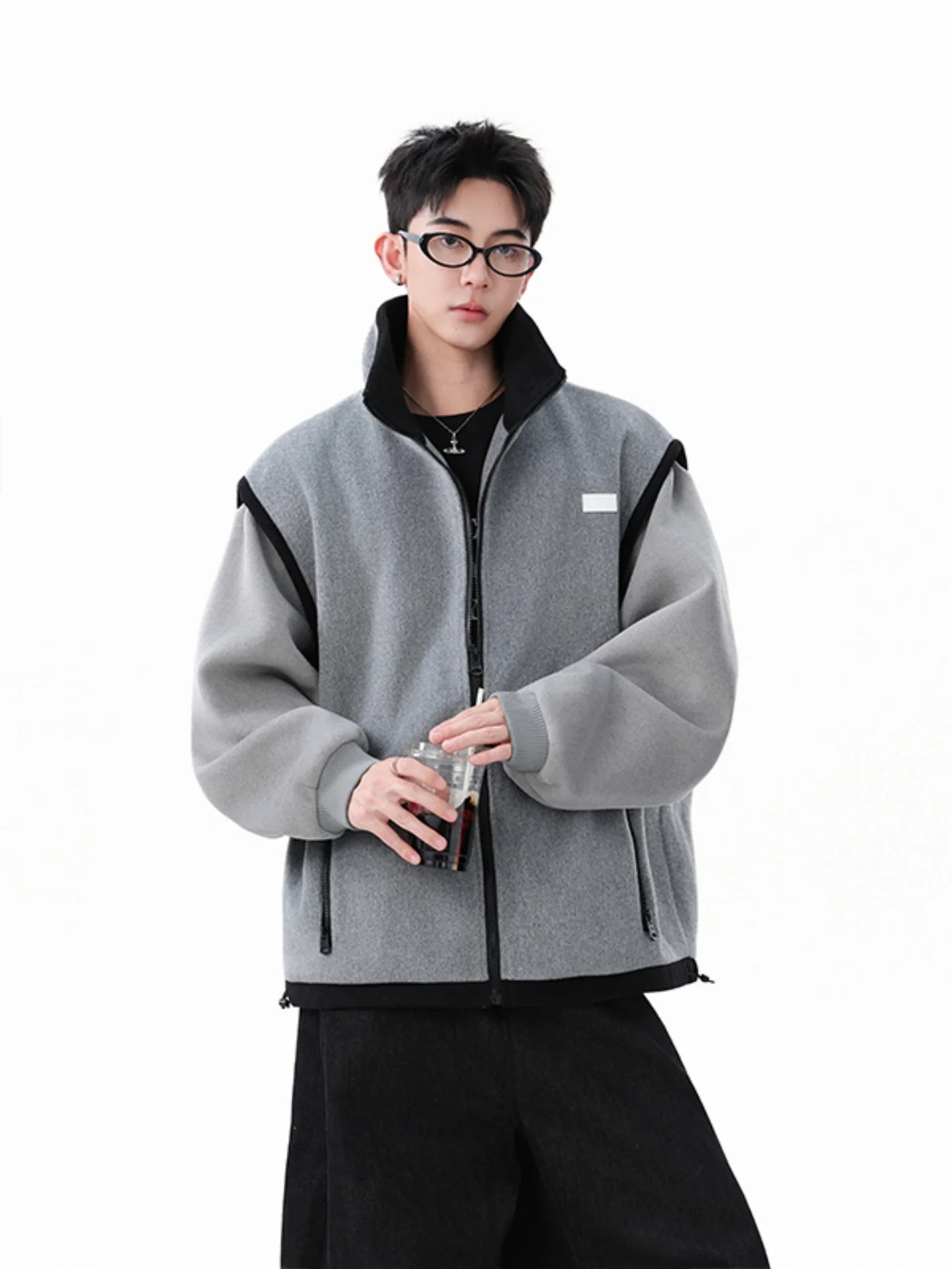 

American Sle ey Patchwork Woolen Coat for Men Casual Loose All-Match Neutral Sle Top Warm Long Sve Zipper Closure