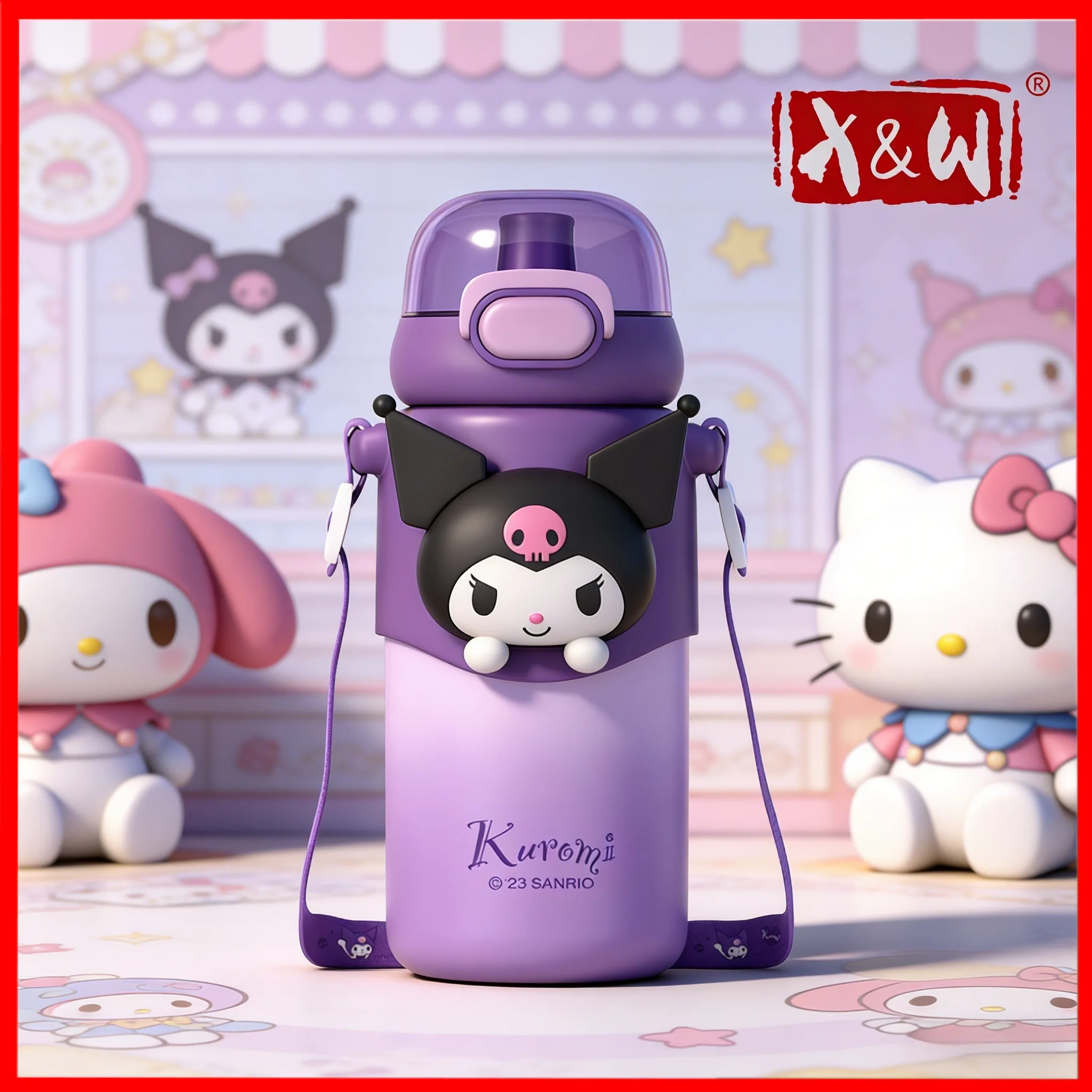 X&W 460mL Sanrio Series Cute Thermos Cup 316 Stainless Steel Strap Carrying Children's Straw Cup Waterbottle for Camping Use