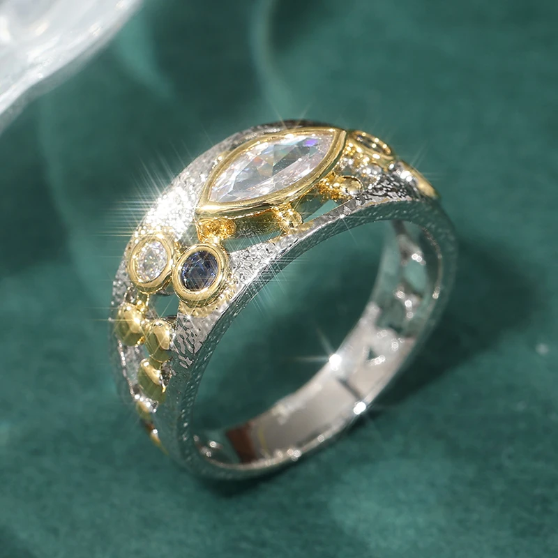 Vintage Zweifarbig Eingelegter Blau-Weißer CZ Damenring Geometrisch Ausgehöhlt Tägliches Tragen Party-Schmuck – Detail 4