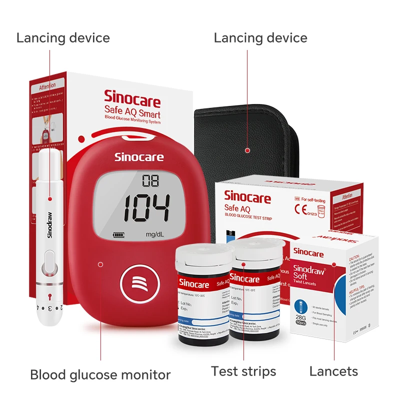 Sinocare Blood Glucose Meter Safe AQ Smart Mg/dL Mmol/L Diabetes Glucometer Kit & Test Strips Lancets Painless Blood Sugar Teste