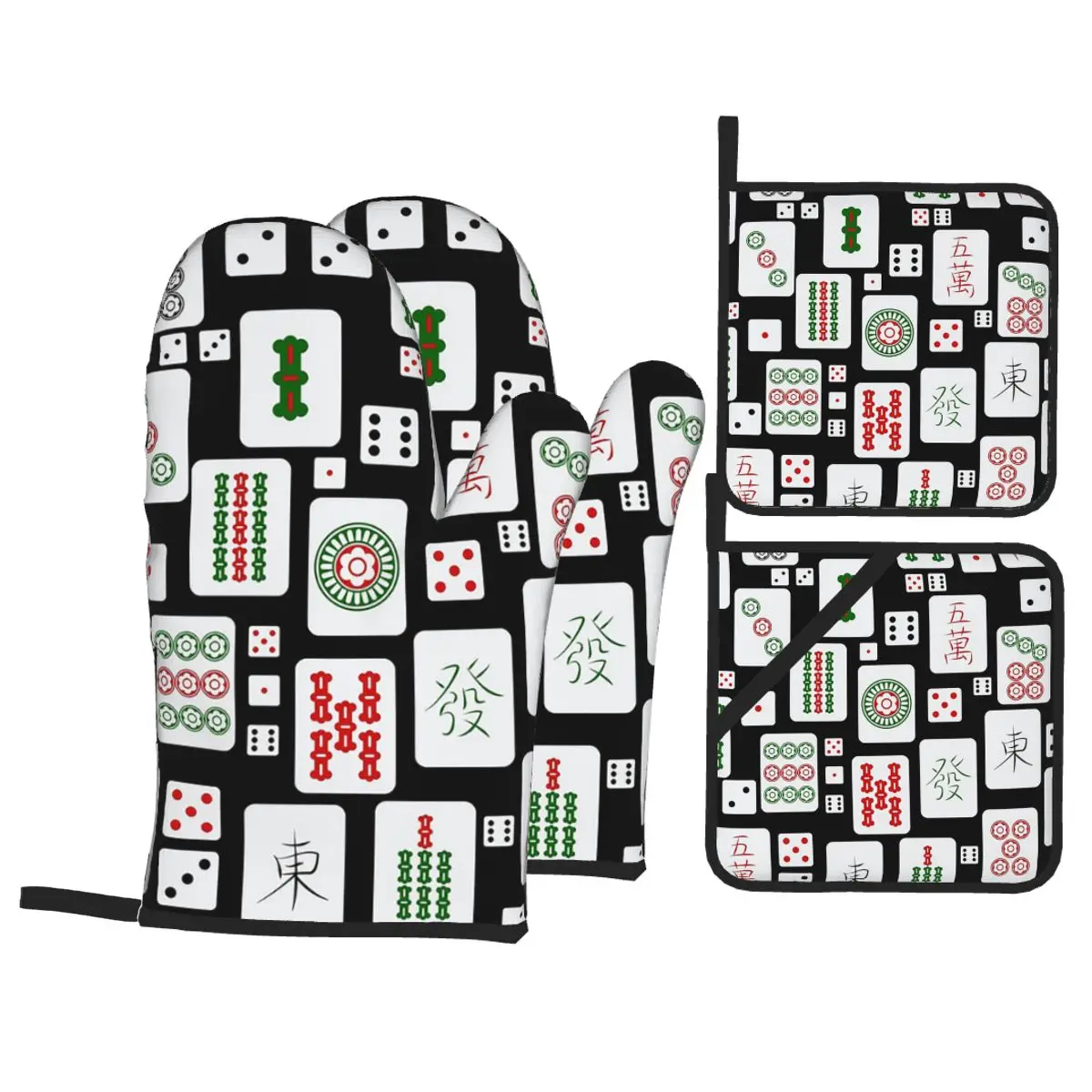 Mahjong Tiles Game Dice Oven Mitts and Pot Holder Sets of 4 for Baking Kitchen Cooking BBQ Resistant Non-Slip Gloves