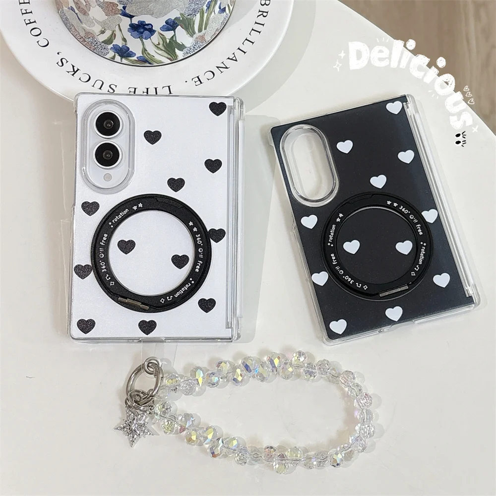 Kawaii Black White Love Heart Magnetic Bracket Case For Samsung Galaxy Z Fold8 Ultra Fold7 6 5 4 Star Hand Strap Shockproof Fold