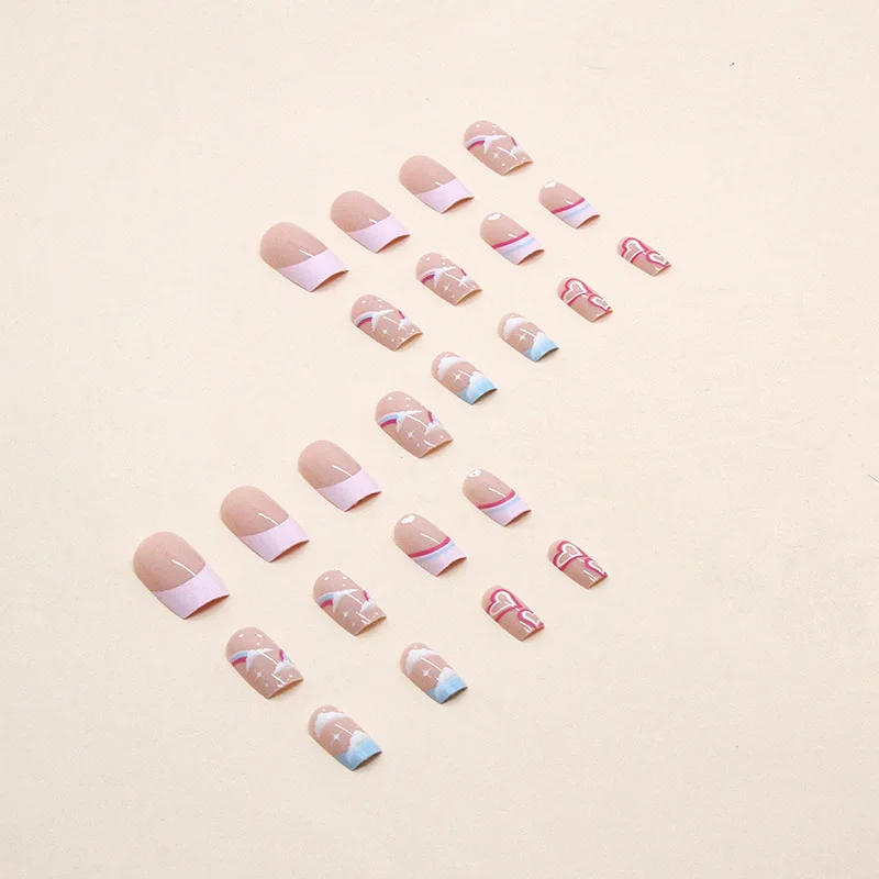 24szt Wearable Press on Nail Art Full Coverage Faux False Nail with Tools French Cloud False Nails Colorful Heart Cute Square