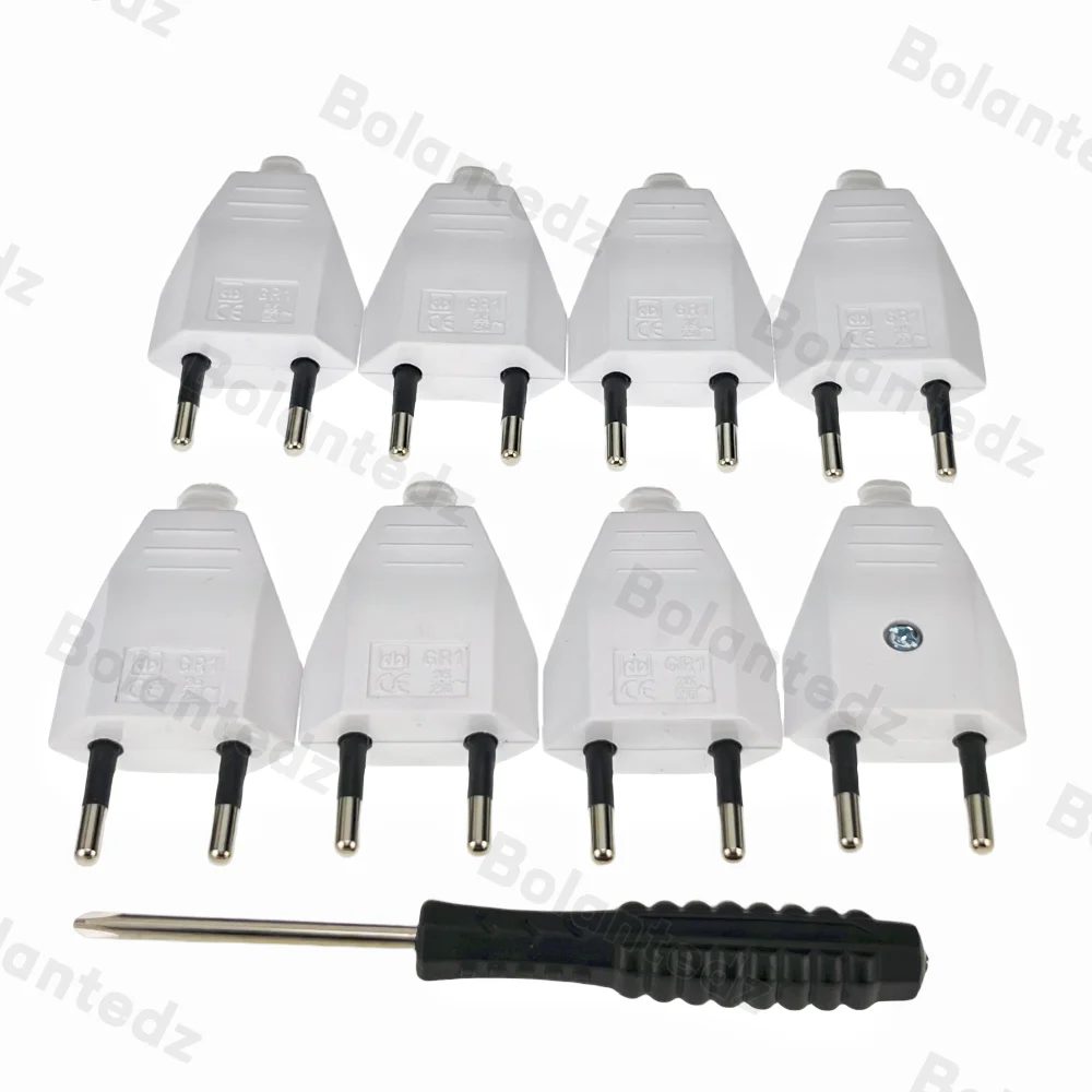 8pcs EU European Plug with Screwdriver 2 Pin Male AC Electric Power Socket Adapter 110V~250V Rewireable Extension Cord Connector
