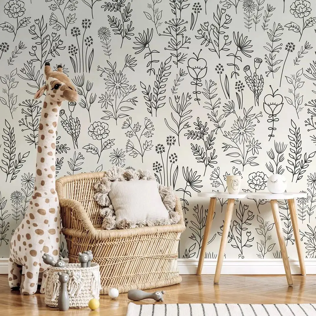 Neutrale Boho-Wildblumen-Tapete zum Abziehen und Aufkleben, schwarz-weißes Blumen-Wandbild für die Heimdekoration, selbstklebend oder traditionell.