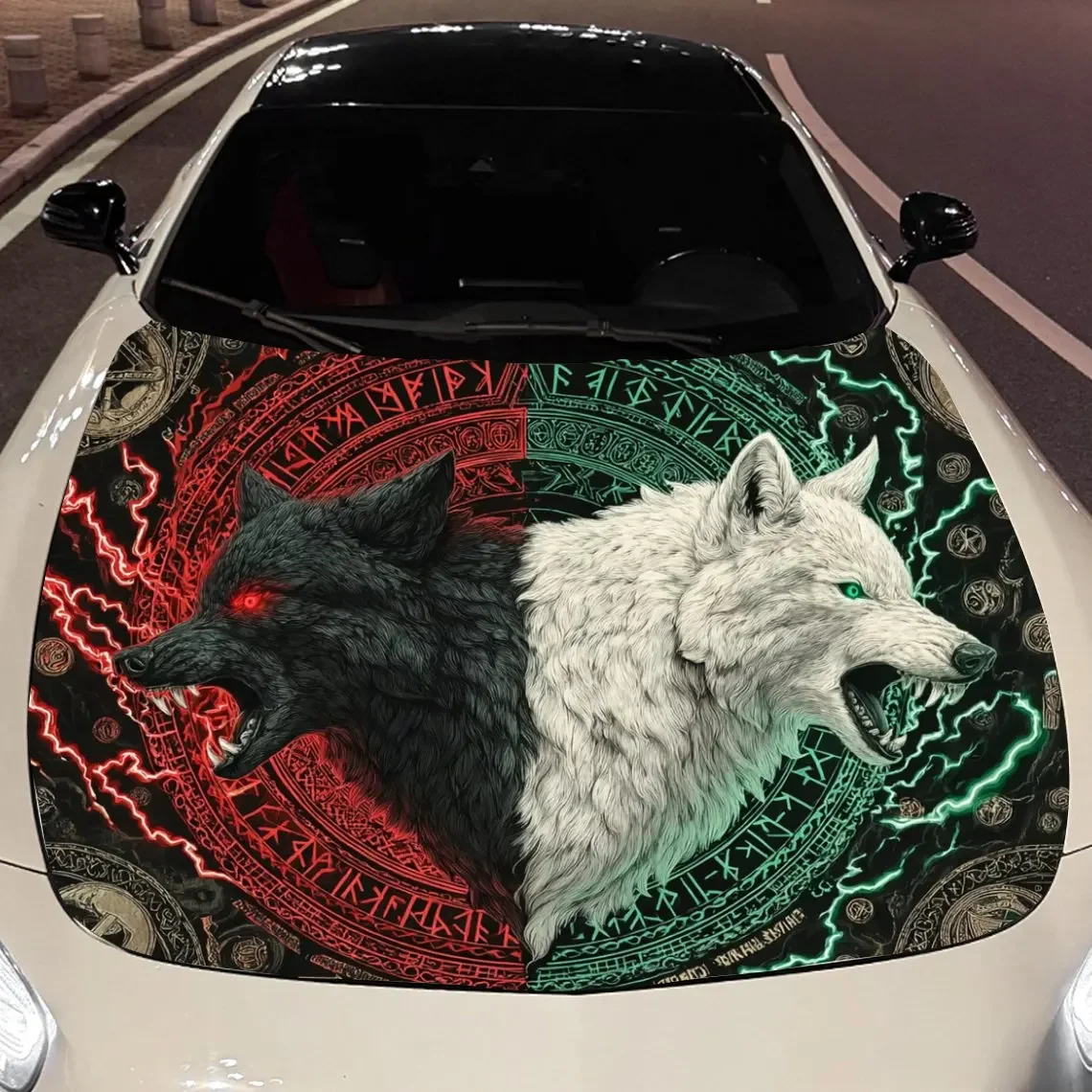 Twin Phantom Wolves Car Vinyl Wrap, PVC Material Waterproof Car Hood Sticker, Self-Adhesive Scratch-Resistant Stickers for Engin