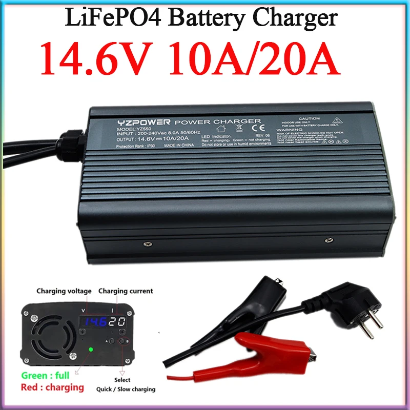 New 14.6V 10A/20A Lifepo4 Battery Charger LCD Display For 4S 12V 12.8V Lifepo4 Lithium Cells Adjustable Current Fast Charging