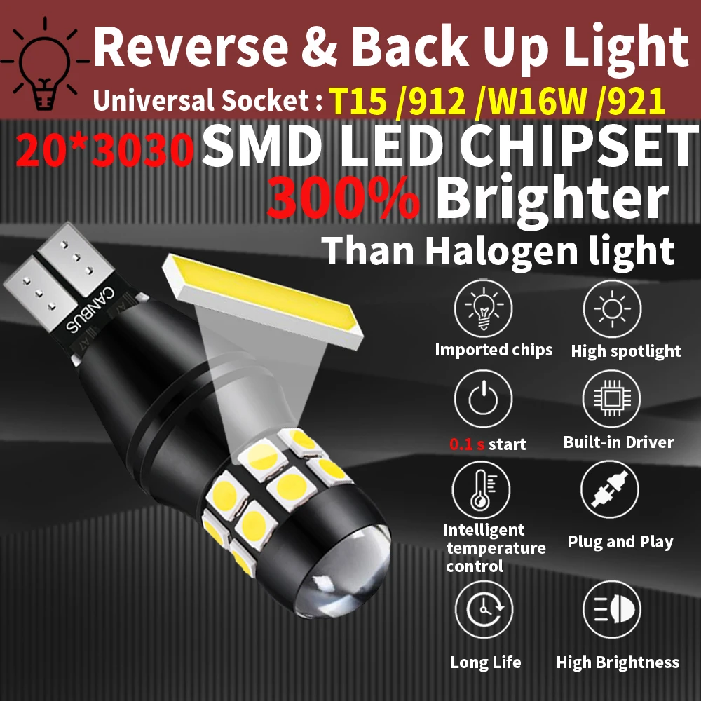 T15 906 W16W LED Backup Light Bulbs High Power 20-SMD Chipsets 7W 2000LM Error Free 912 921 Reverse Lights 6000K For Audi A4 B6