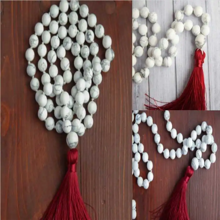 

Natural White Howlite 108 Mala Beads Necklace with Red Tassel Calming & Purification Healing Crystal Jewelry