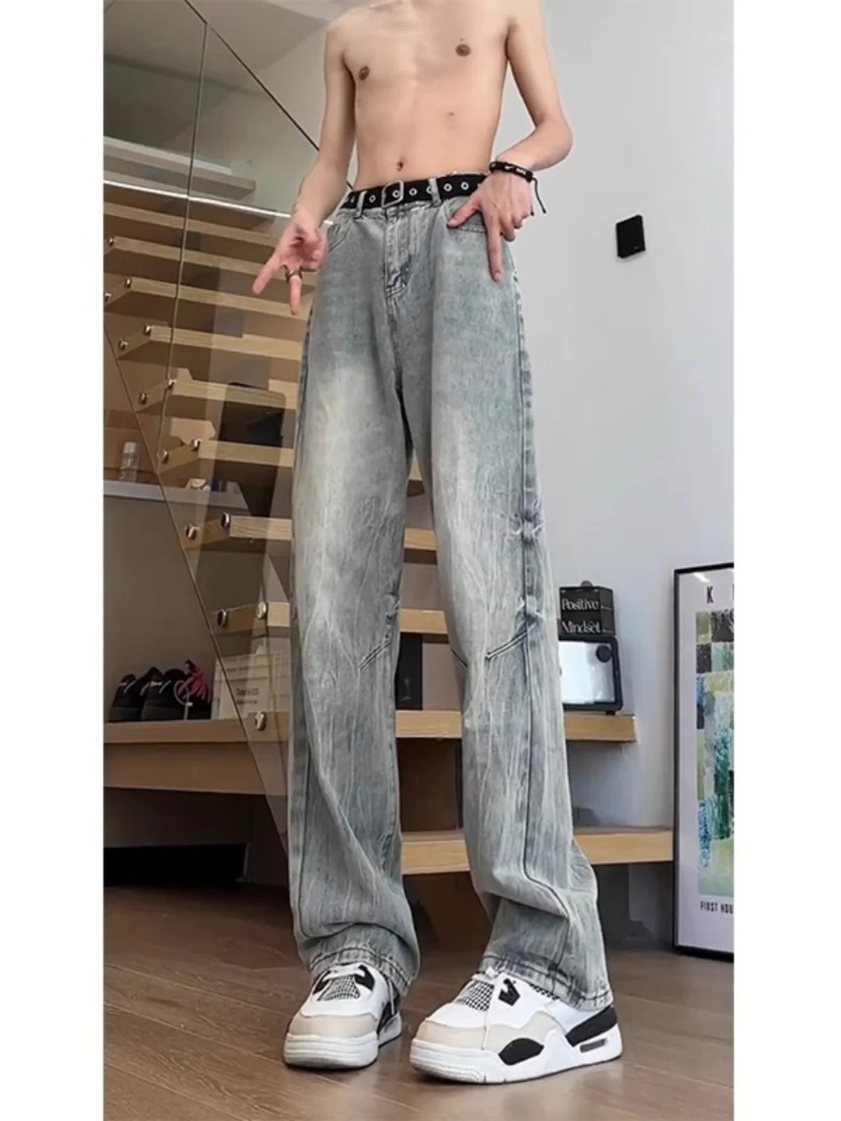 

Men's Straight Leg Jeans Bamboo Lightning Pattern American Sle Casual Loose Fit Youth Trend Autumn Season Small Flare Pants
