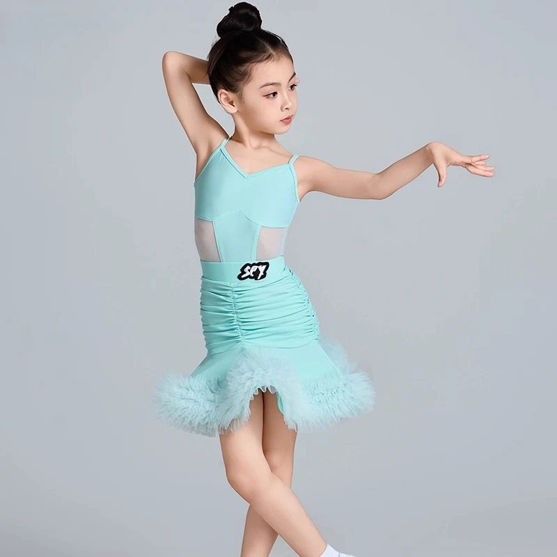 Top con scollo all'americana Costume da allenamento per danza latina Ragazza Nuovo costume da spettacolo per bambini Regolazioni della competizione Abito da ballo latino