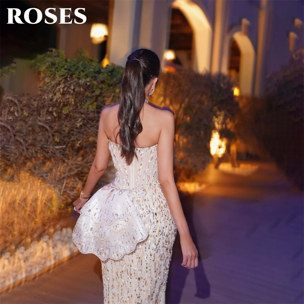 ROSES Ivory Elegant Bridal Formal Dress Heavy Beaded Rhinestone Mermaid Prom Dresses 3D Ruffle Peplum Wedding Dress Customized