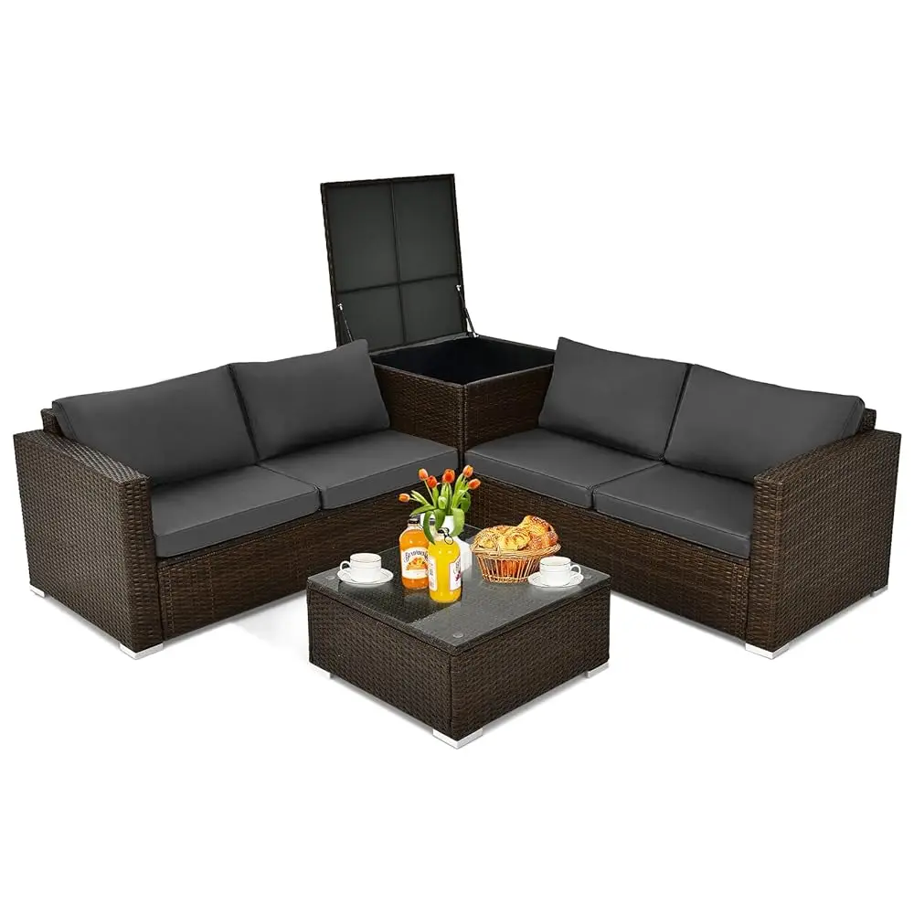 

4-Piece Patio Pe Wicker Furniture Set, Patiojoy Outdoor Sectional Sofa Set With Storage Box And Tempered Glass Tabletop,
