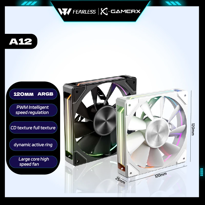 A12 X-Gamerx PC Fan ARGB dynamic and flexible ring PWM intelligent speed 120mm computer case fan 12V 71.66CFM Power Train