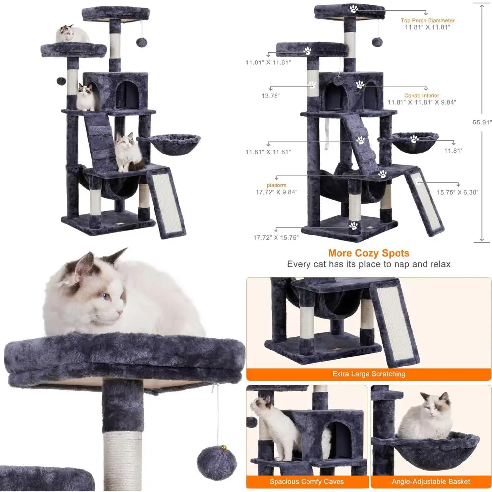 

Indoor Cat Tree with Multi-Level Platforms, Plush Perch, Basket, and Scratching Board, Smoky Gray HCT014G