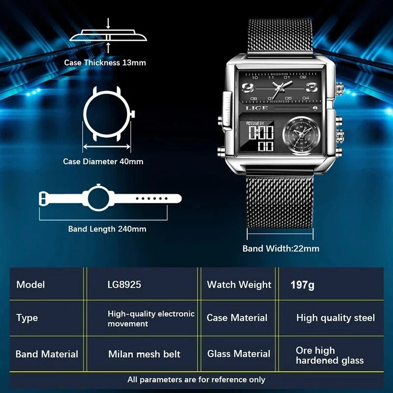 LIGE Fashion Black Steel Man Watch Dual Digital Display Watches Sport Chronograph Waterproof Quartz Men Military Wristwatch Date